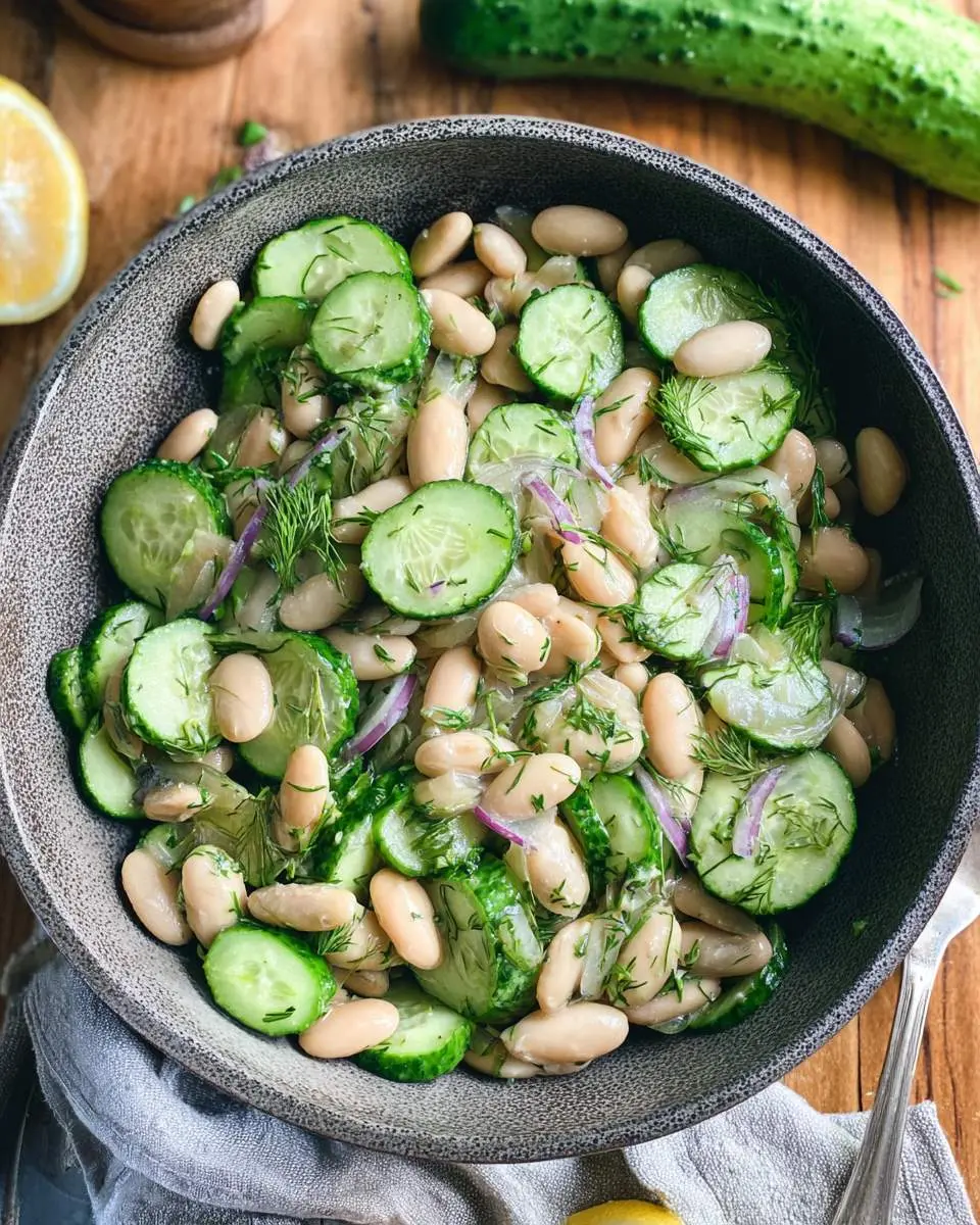 A bowl of White Bean and Cucumber Dill Salad with sliced cucumbers, white beans, red onion, and fresh dill on a wooden table.