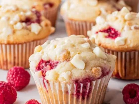 White Chocolate Raspberry Muffins 50 Freshly baked White Chocolate Raspberry Muffins topped with white chocolate chips, surrounded by fresh raspberries on a marble surface.