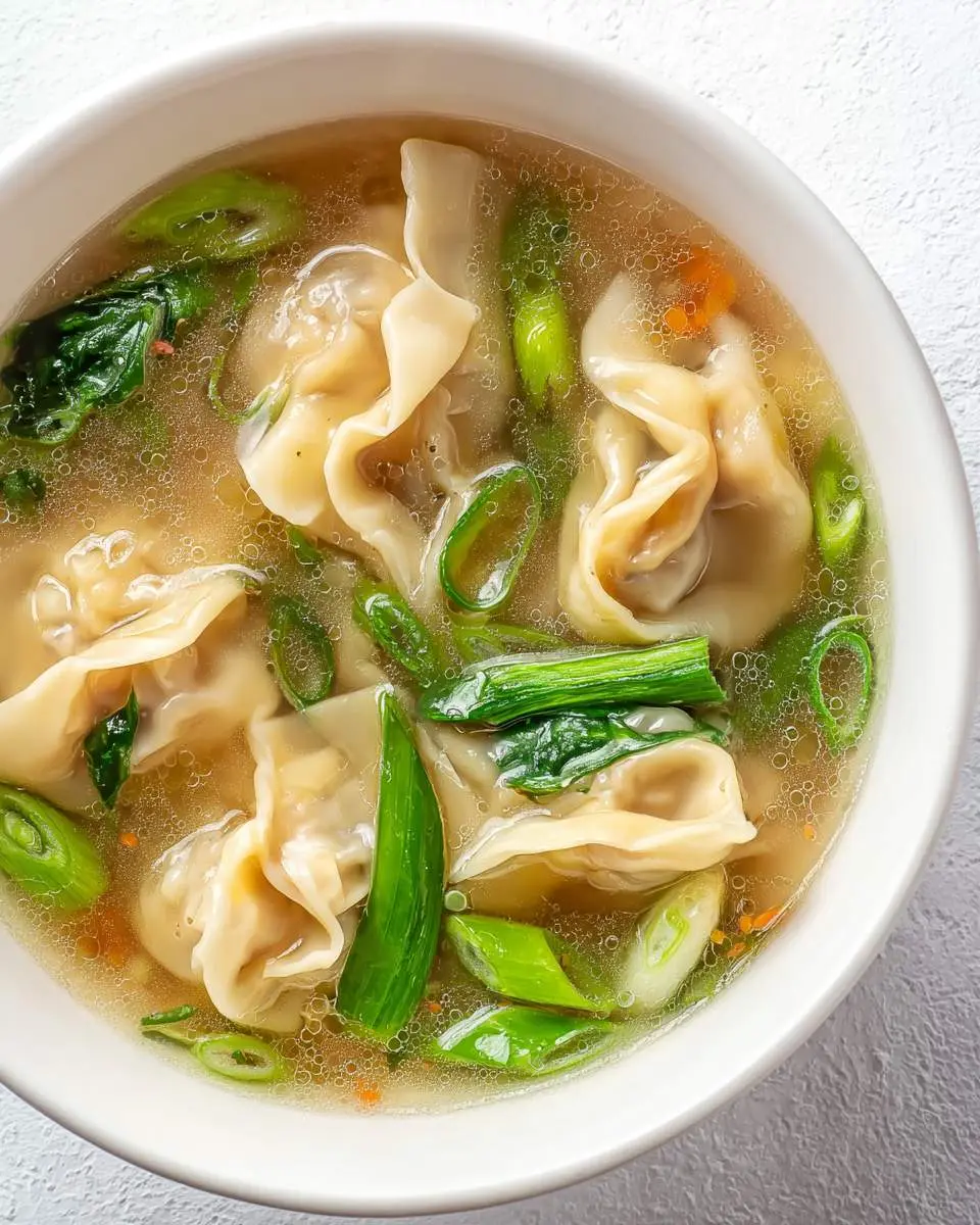 A warm bowl of Wonton Soup with delicate dumplings, fresh green vegetables, and clear broth in a white bowl.