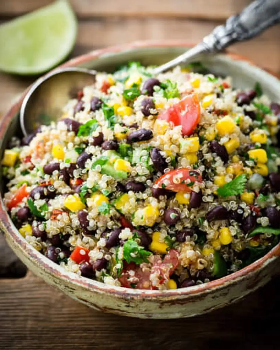 A rustic bowl filled with zesty black bean and corn quinoa salad, featuring fresh vegetables and herbs with a lime wedge in the background.