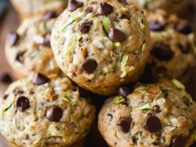 A stack of freshly baked zucchini chocolate chip muffins topped with melted chocolate chips and visible zucchini shreds.