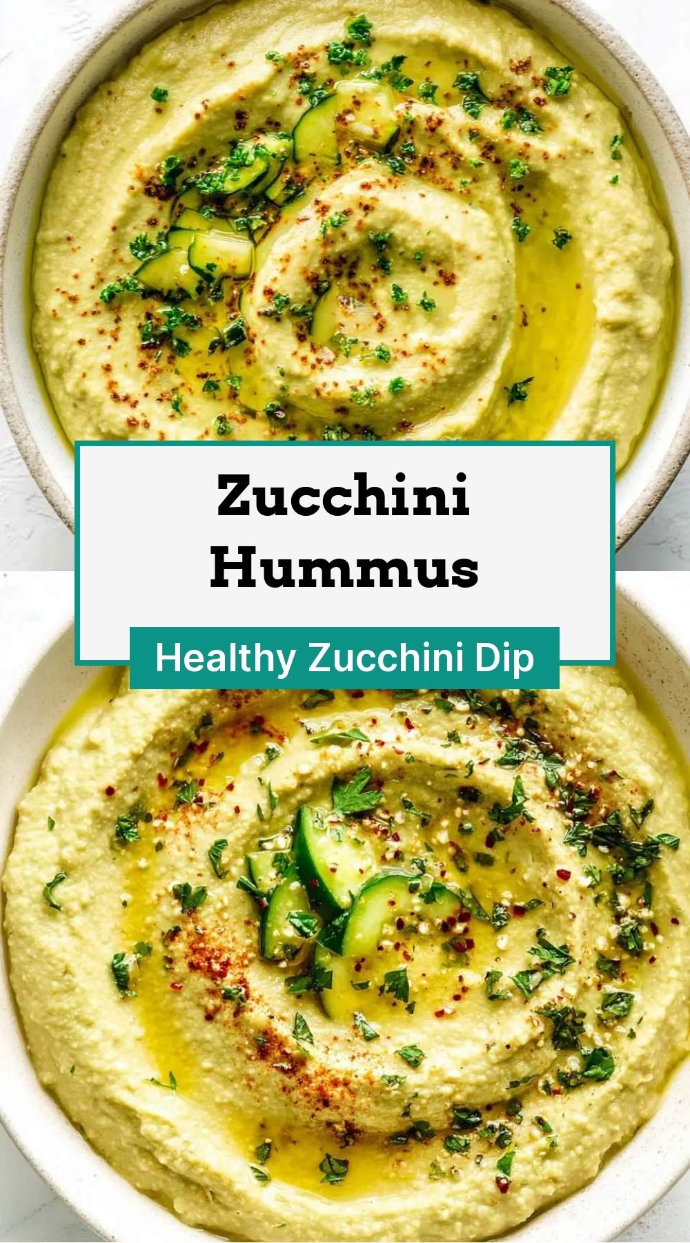 finished zucchini hummus in a white bowl with vegetable crudites and pita bread