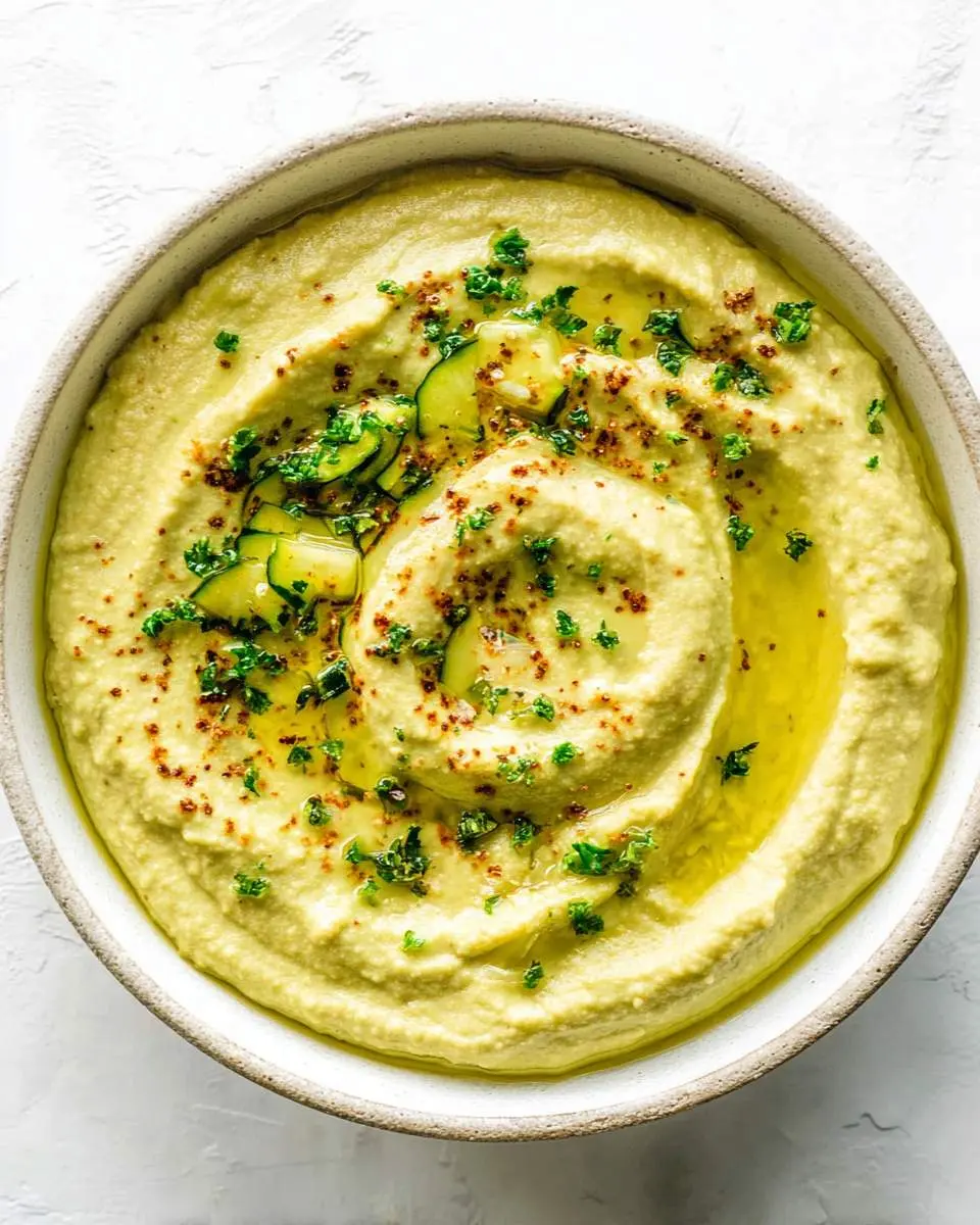 creamy zucchini hummus in a bowl with olive oil drizzle and fresh herbs