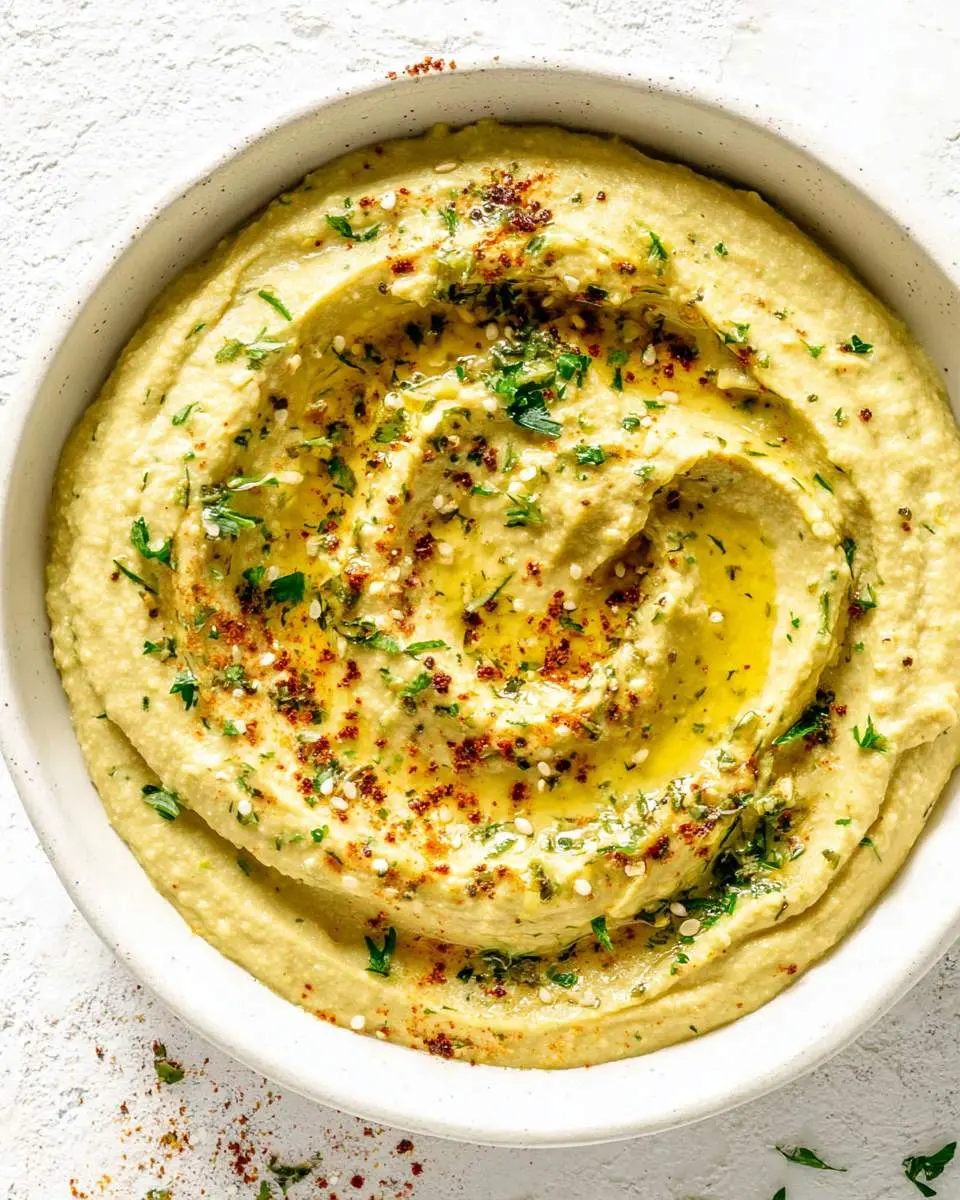 fresh zucchini hummus ingredients arranged on a wooden board with tahini lemon and garlic