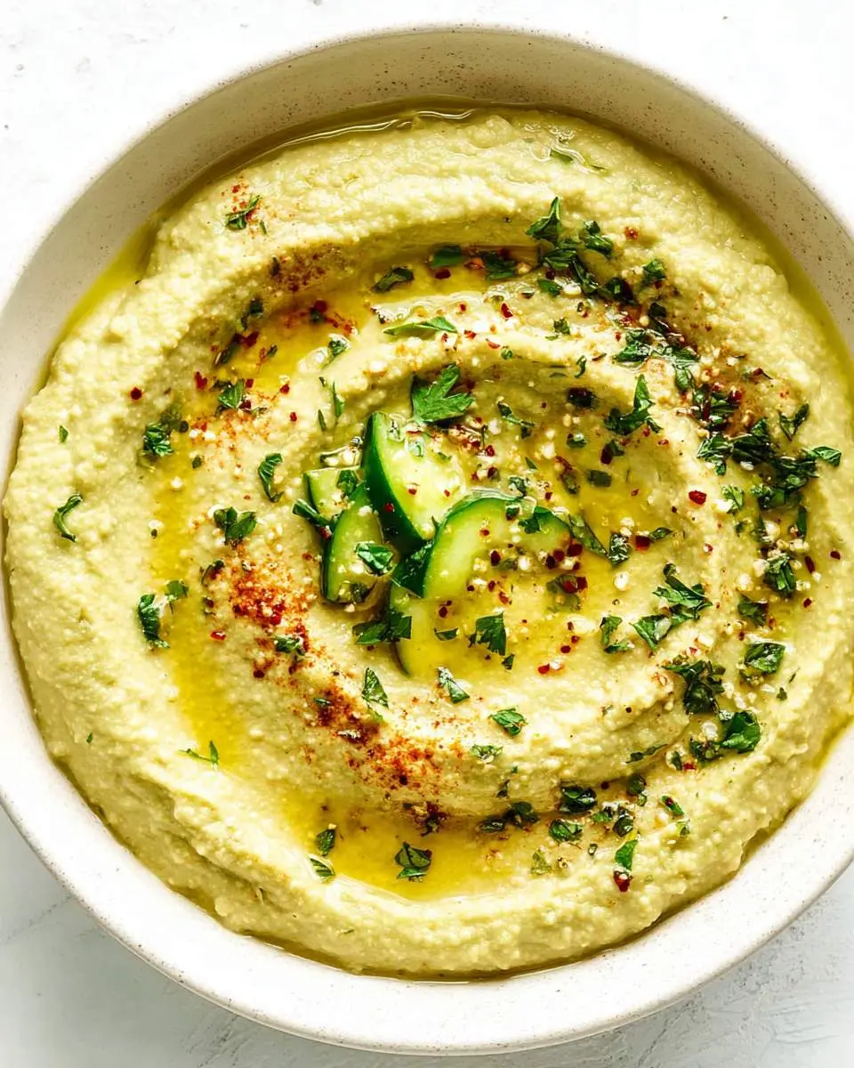 Creamy zucchini hummus in a white bowl topped with olive oil, herbs, cucumber slices, and spices.