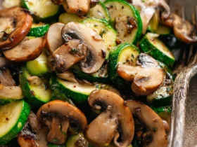 Sauteed zucchini and mushrooms in a skillet with herbs and seasonings, a simple Zucchini Mushroom Skillet side dish.