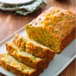 A loaf of Zucchini Orange Bread sliced on a white plate, showing moist texture with visible zucchini and orange zest.
