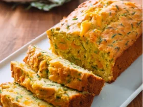 Zucchini Orange Bread 49 A loaf of Zucchini Orange Bread sliced on a white plate, showing moist texture with visible zucchini and orange zest.