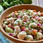 Fresh Avocado Shrimp Ceviche served in a rustic wooden bowl with lime and cilantro in the background.