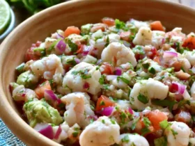 Fresh Avocado Shrimp Ceviche served in a rustic wooden bowl with lime and cilantro in the background.