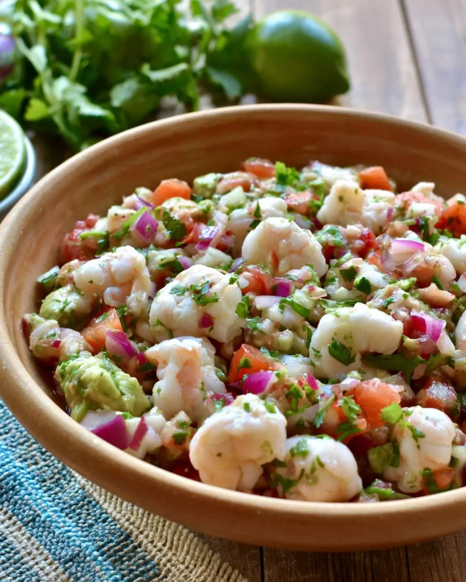 Avocado Shrimp Ceviche 28 Fresh Avocado Shrimp Ceviche served in a rustic wooden bowl with lime and cilantro in the background.