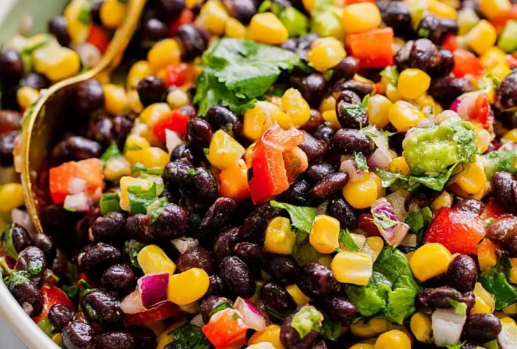 Close-up of a colorful black bean salad with corn, tomatoes, cilantro, and red onion in a white bowl with a gold spoon.