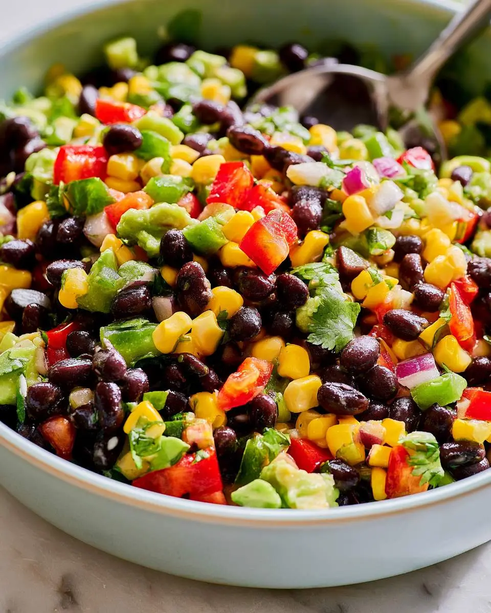 mixed black bean salad in a glass bowl with lime wedges