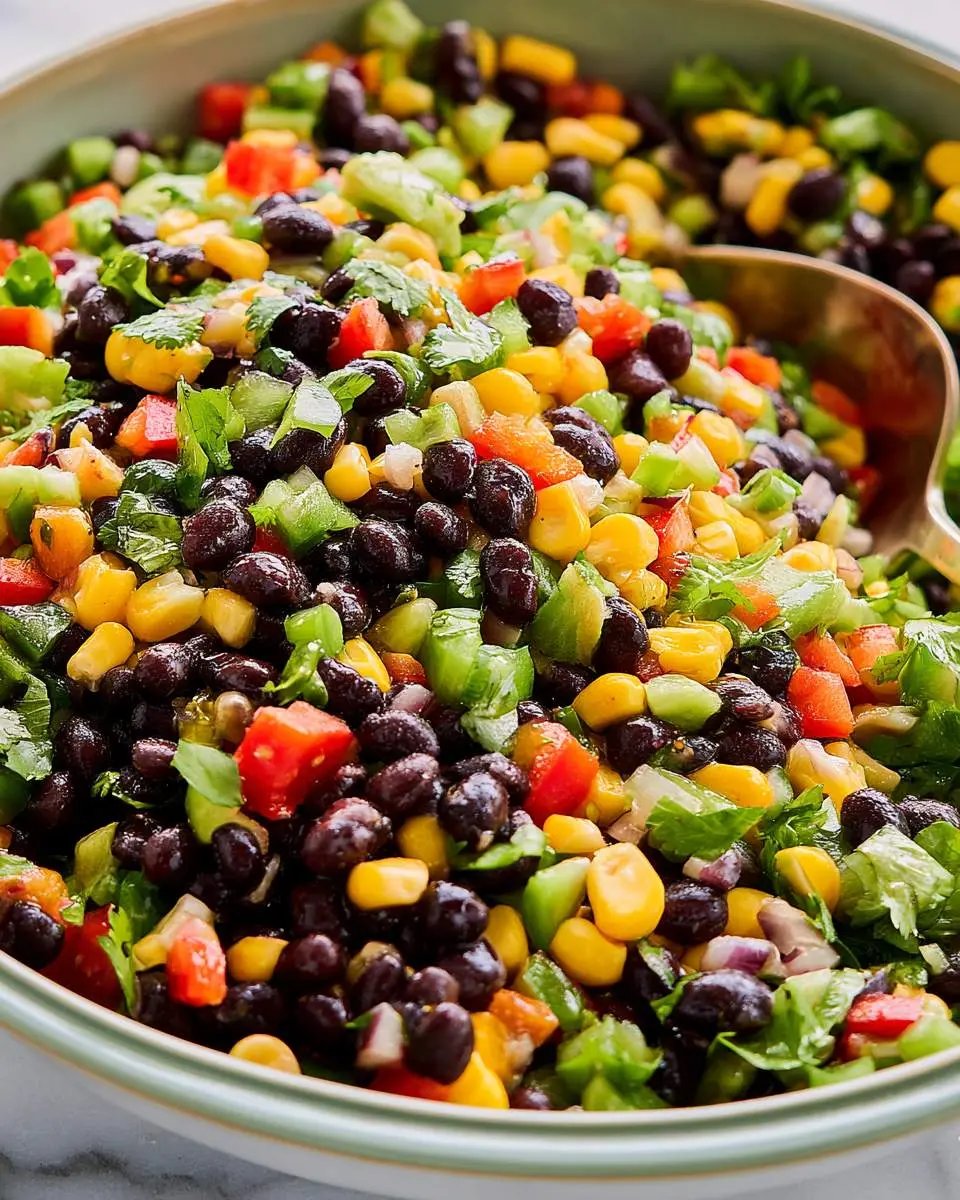 fresh black bean salad with corn ingredients arranged on a cutting board