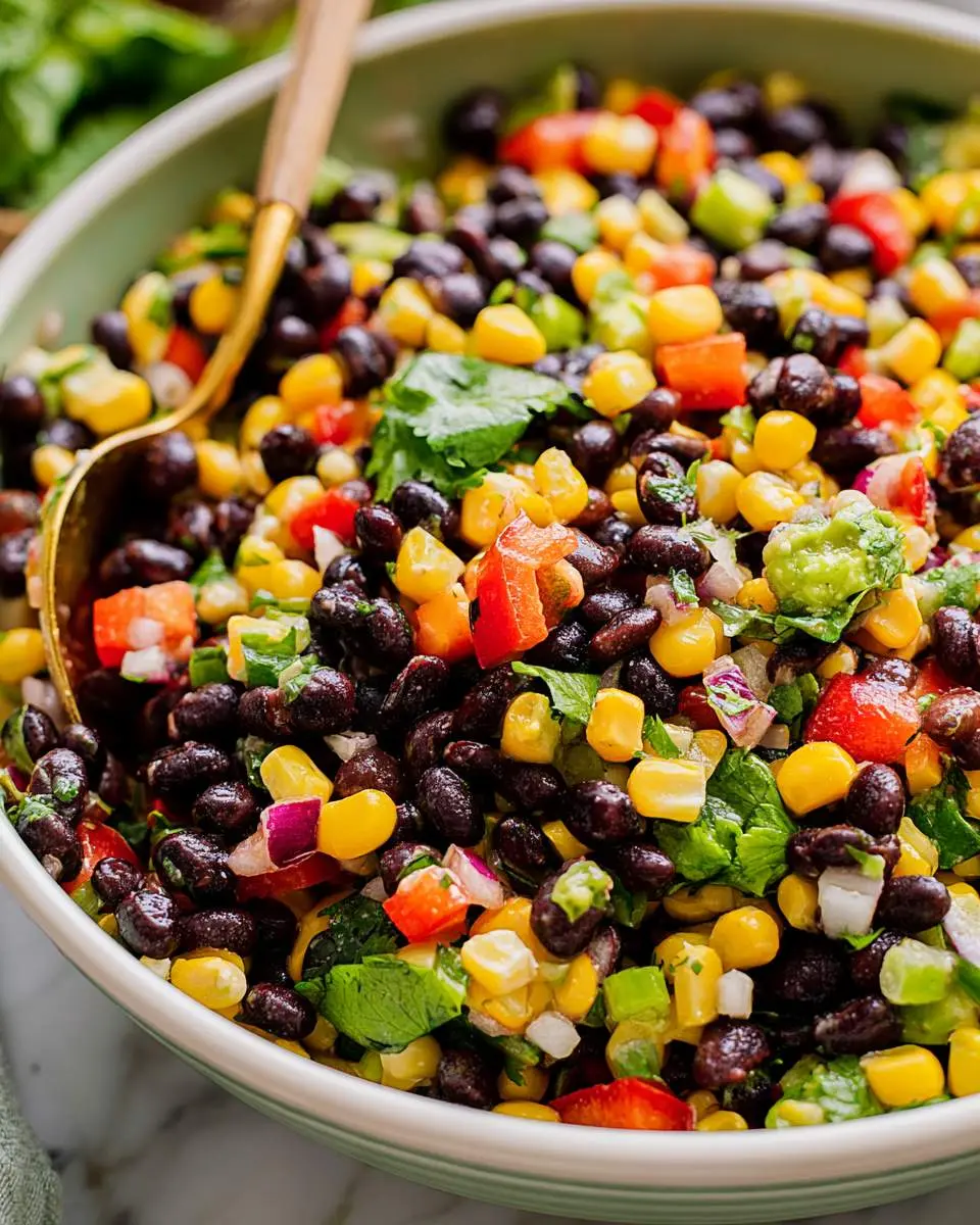 Close-up of a colorful black bean salad with corn, tomatoes, cilantro, and red onion in a white bowl with a gold spoon.