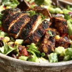 Sliced blackened chicken salad served in a rustic wooden bowl with fresh vegetables and herbs.