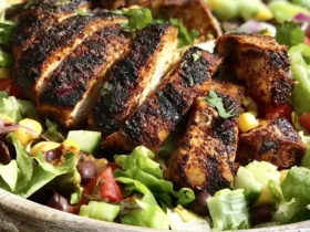 blackened chicken salad 44 Sliced blackened chicken salad served in a rustic wooden bowl with fresh vegetables and herbs.