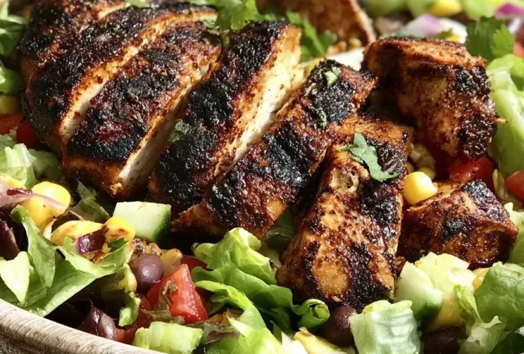 Sliced blackened chicken salad served in a rustic wooden bowl with fresh vegetables and herbs.