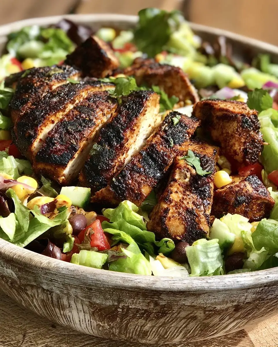 Sliced blackened chicken salad served in a rustic wooden bowl with fresh vegetables and herbs.