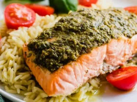 Broiled Pesto Salmon fillet served over orzo pasta with cherry tomatoes and fresh basil on a white plate.