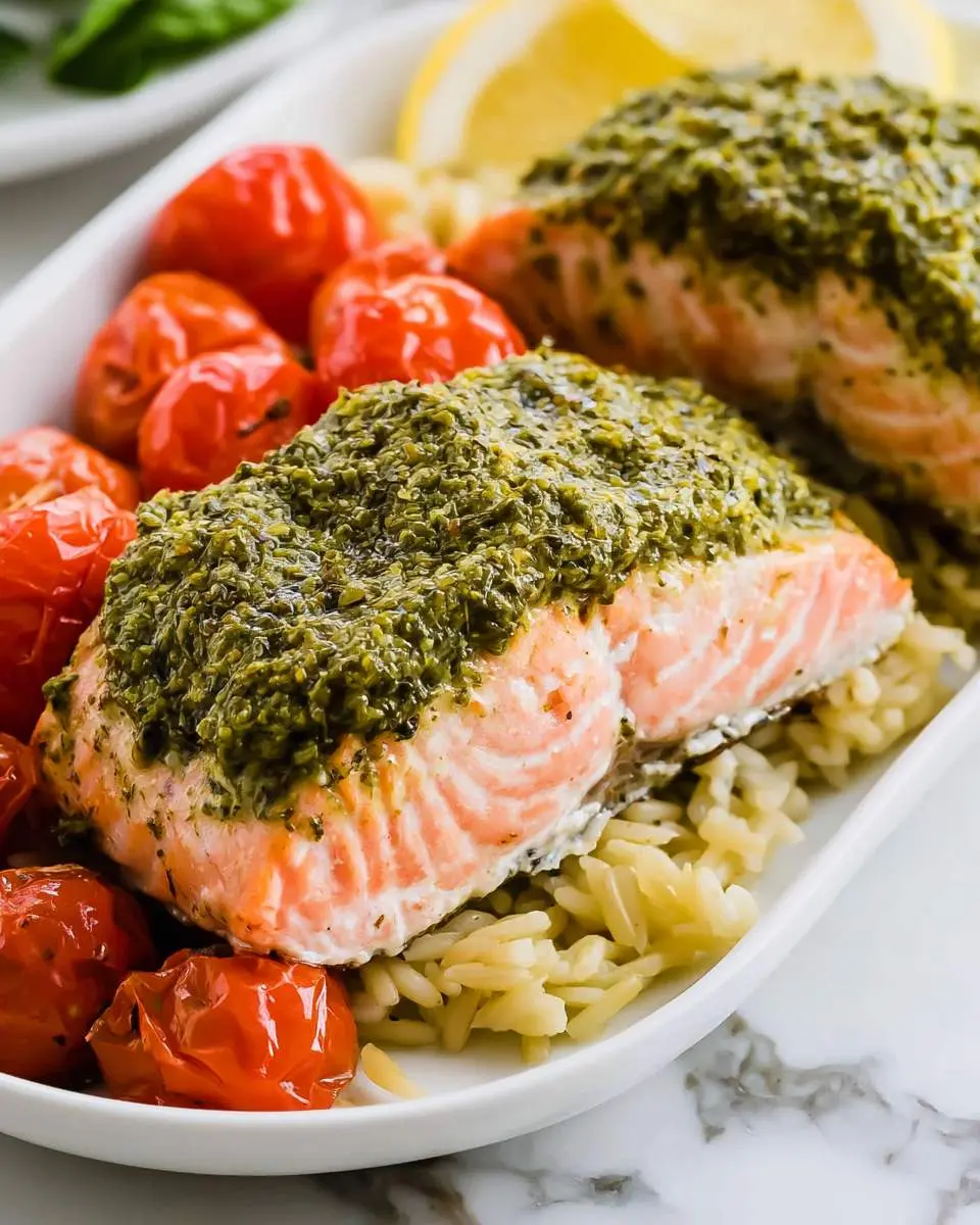 Broiled Pesto Salmon 25 Broiled pesto salmon fillets topped with fresh basil pesto ready for the oven
