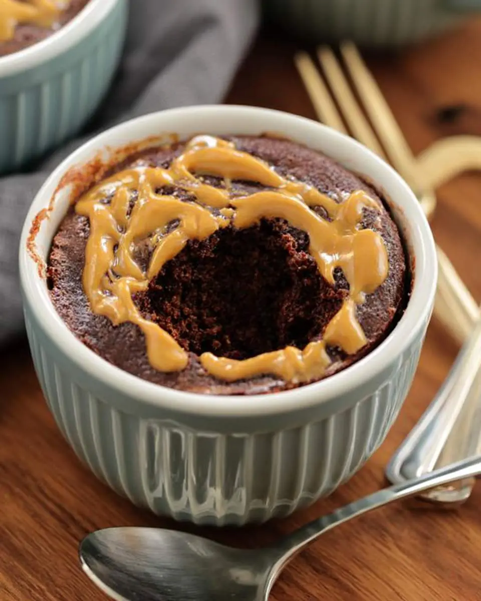 Chocolate Peanut Butter Mug Cake in a blue ramekin with a bite taken out, drizzled with peanut butter on top.