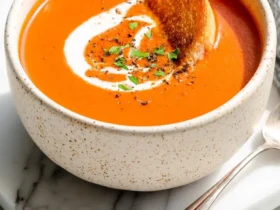 Creamy tomato soup in a speckled bowl with a grilled cheese swirl, cream drizzle, and fresh herbs.