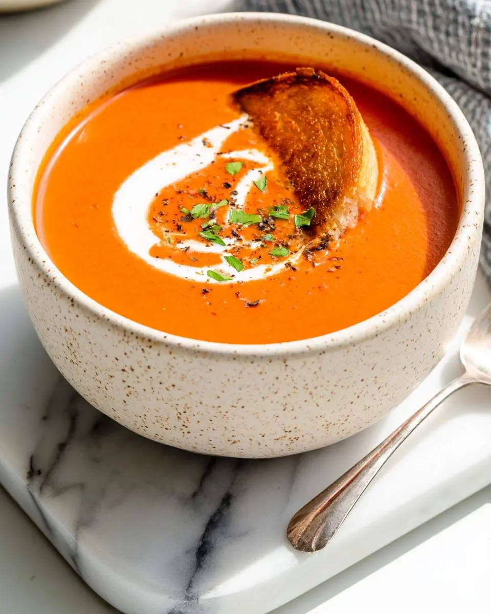 Creamy tomato soup in a speckled bowl with a grilled cheese swirl, cream drizzle, and fresh herbs.