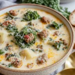 Creamy Healthy Zuppa Toscana Soup with sausage, kale, and potatoes in a rustic bowl.