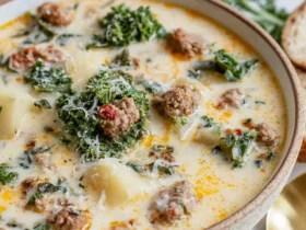 Creamy Healthy Zuppa Toscana Soup with sausage, kale, and potatoes in a rustic bowl.