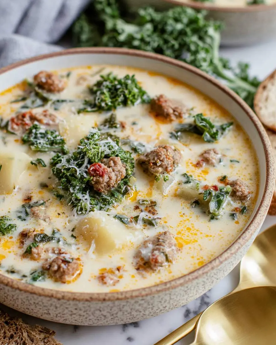 Creamy Healthy Zuppa Toscana Soup with sausage, kale, and potatoes in a rustic bowl.