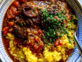 A bowl of Instant Pot Osso Buco & Rice with tender braised veal shank, rich tomato sauce, mushrooms, and fresh herbs over golden risotto.