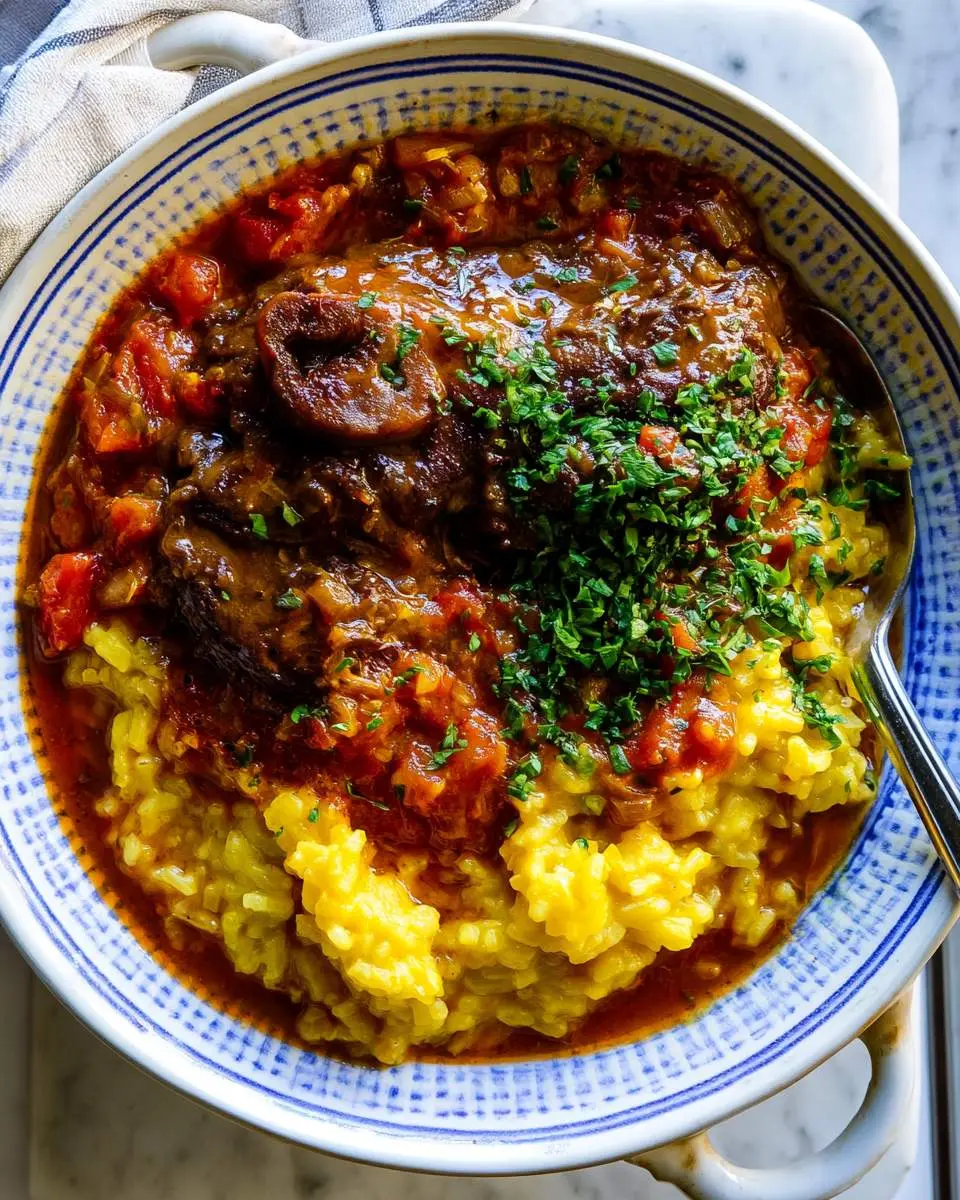 A bowl of Instant Pot Osso Buco & Rice with tender braised veal shank, rich tomato sauce, mushrooms, and fresh herbs over golden risotto.