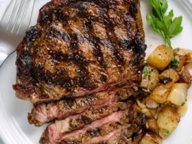 A perfectly grilled Italian Rib Eye steak with char marks, sliced to reveal a juicy pink center, served with herb potatoes.