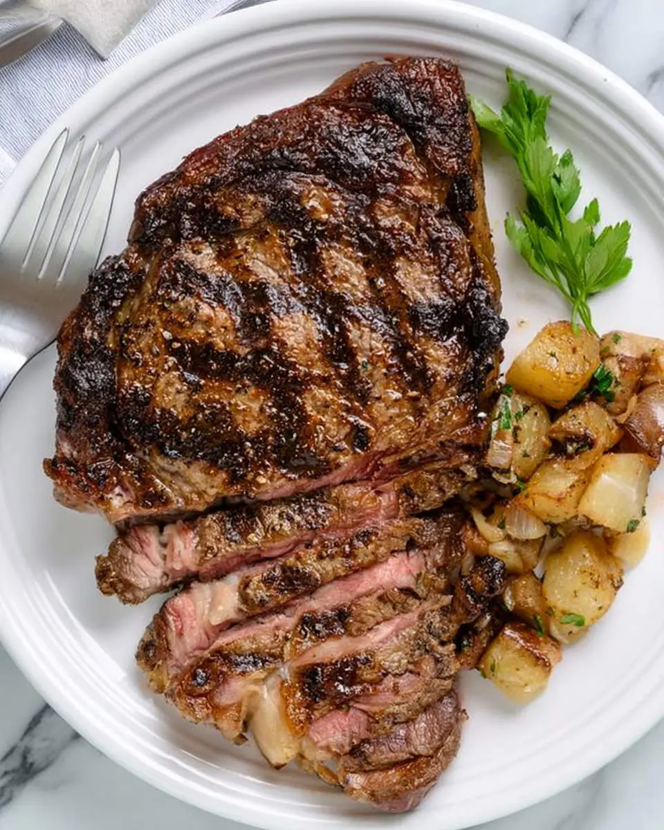 A perfectly grilled Italian Rib Eye steak with char marks, sliced to reveal a juicy pink center, served with herb potatoes.