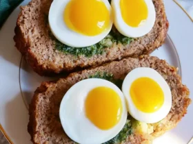 Two slices of meatloaf with eggs on a white plate, each topped with halved soft-boiled eggs revealing bright yellow yolks.