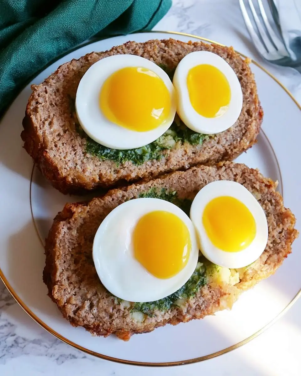 Meatloaf with Eggs 28 Two slices of meatloaf with eggs on a white plate, each topped with halved soft-boiled eggs revealing bright yellow yolks.