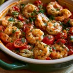 Mediterranean Shrimp Skillet with plump shrimp, cherry tomatoes, olives, and fresh herbs in a green ceramic pan.