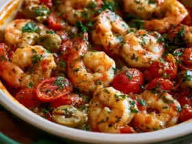 Mediterranean Shrimp Skillet with plump shrimp, cherry tomatoes, olives, and fresh herbs in a green ceramic pan.