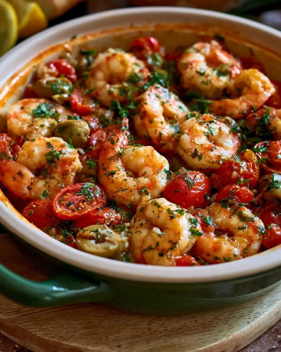 Mediterranean Shrimp Skillet 28 Mediterranean Shrimp Skillet with plump shrimp, cherry tomatoes, olives, and fresh herbs in a green ceramic pan.