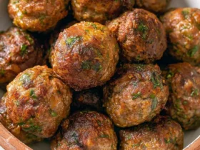Moroccan Lamb Meatballs 44 A bowl of golden-brown Moroccan Lamb Meatballs garnished with fresh herbs, perfectly seared and stacked.