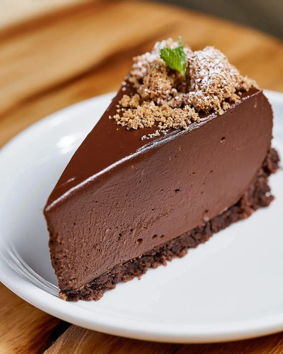 A slice of creamy No Bake Chocolate Cheesecake topped with cookie crumbles and a mint leaf on a white plate.