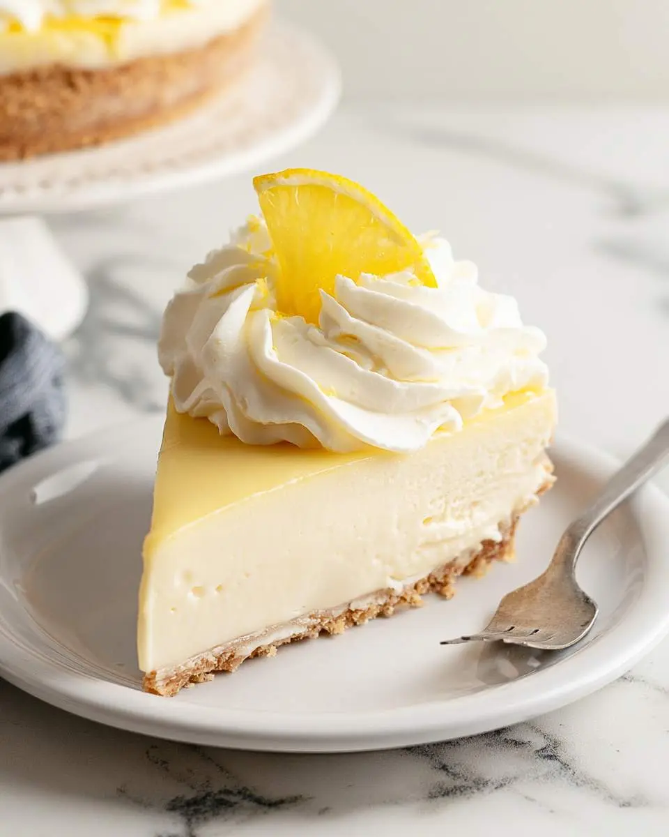 A creamy slice of No-Bake Lemon Cheesecake topped with whipped cream and a lemon slice on a white plate.