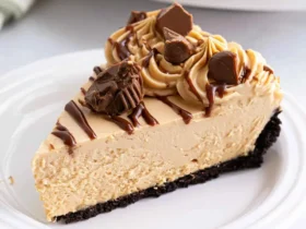 No Bake Peanut Butter Cheesecake 44 A slice of No Bake Peanut Butter Cheesecake with chocolate drizzle and peanut butter cups on a white plate.