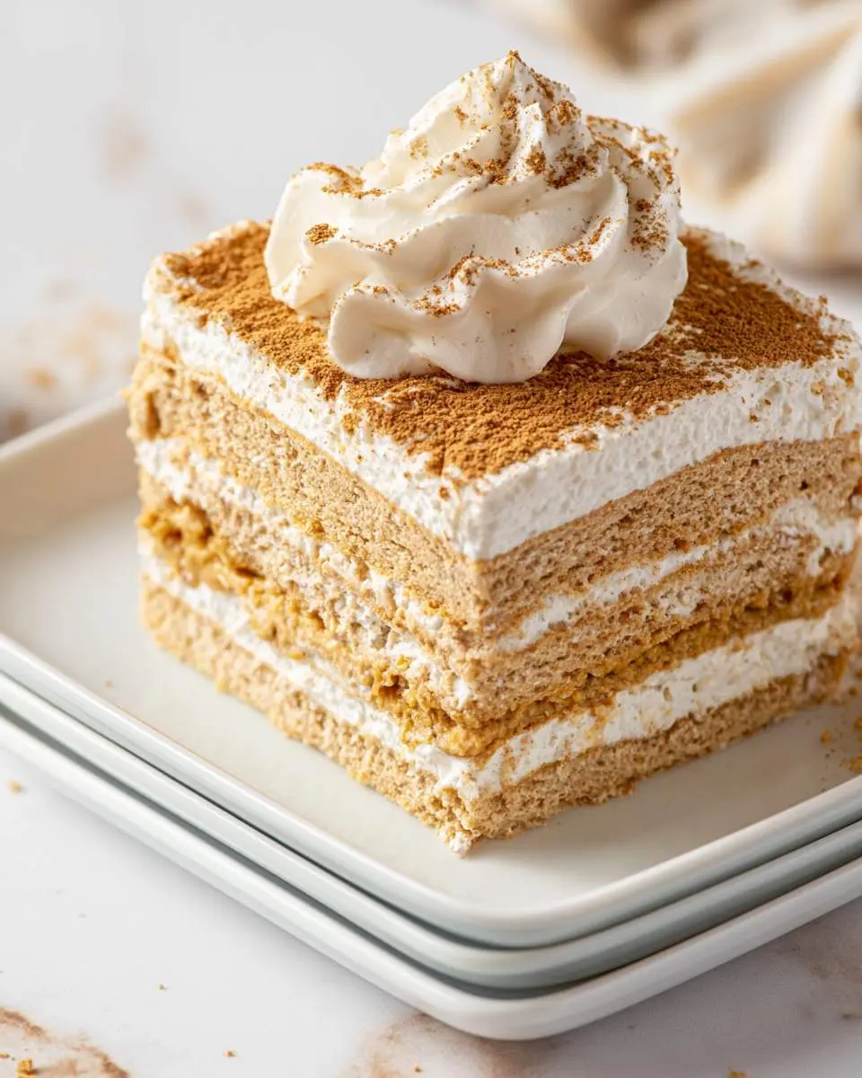Pumpkin Icebox Cake 26 layered pumpkin dessert in glass dish showing cookie and cream layers