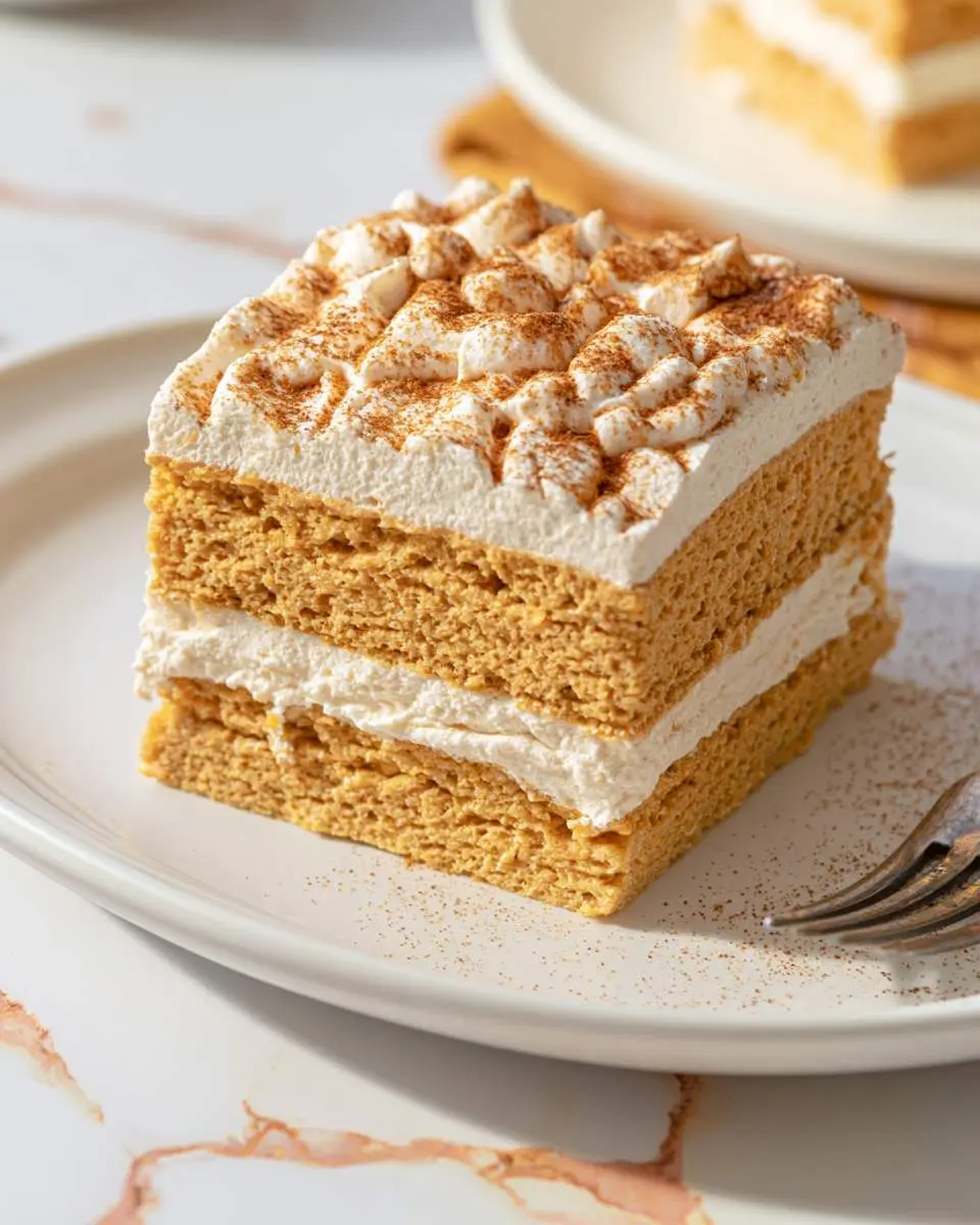 Pumpkin Icebox Cake 28 A layered slice of Pumpkin Icebox Cake with creamy filling and cinnamon dusted whipped topping on a white plate.