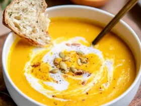 A bowl of creamy Pumpkin Soup With Coconut Milk garnished with seeds, cream swirl, and crusty bread.
