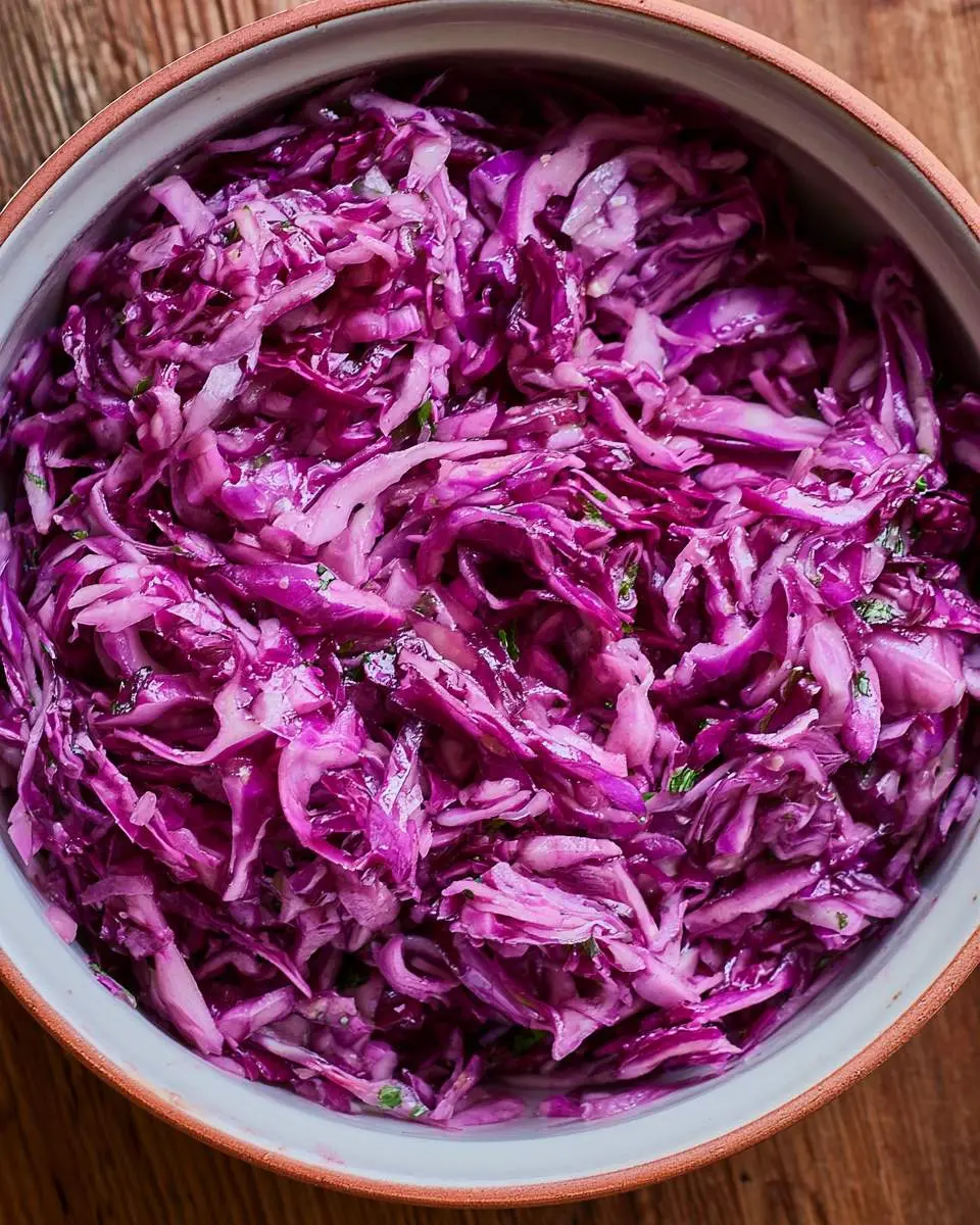 A bowl of vibrant purple cabbage recipe salad with fresh herbs and light dressing on a wooden surface.