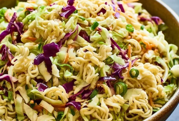 A rustic bowl filled with Ramen Noodle Salad with Cabbage, featuring green and purple cabbage, green onions, and crunchy ramen noodles.