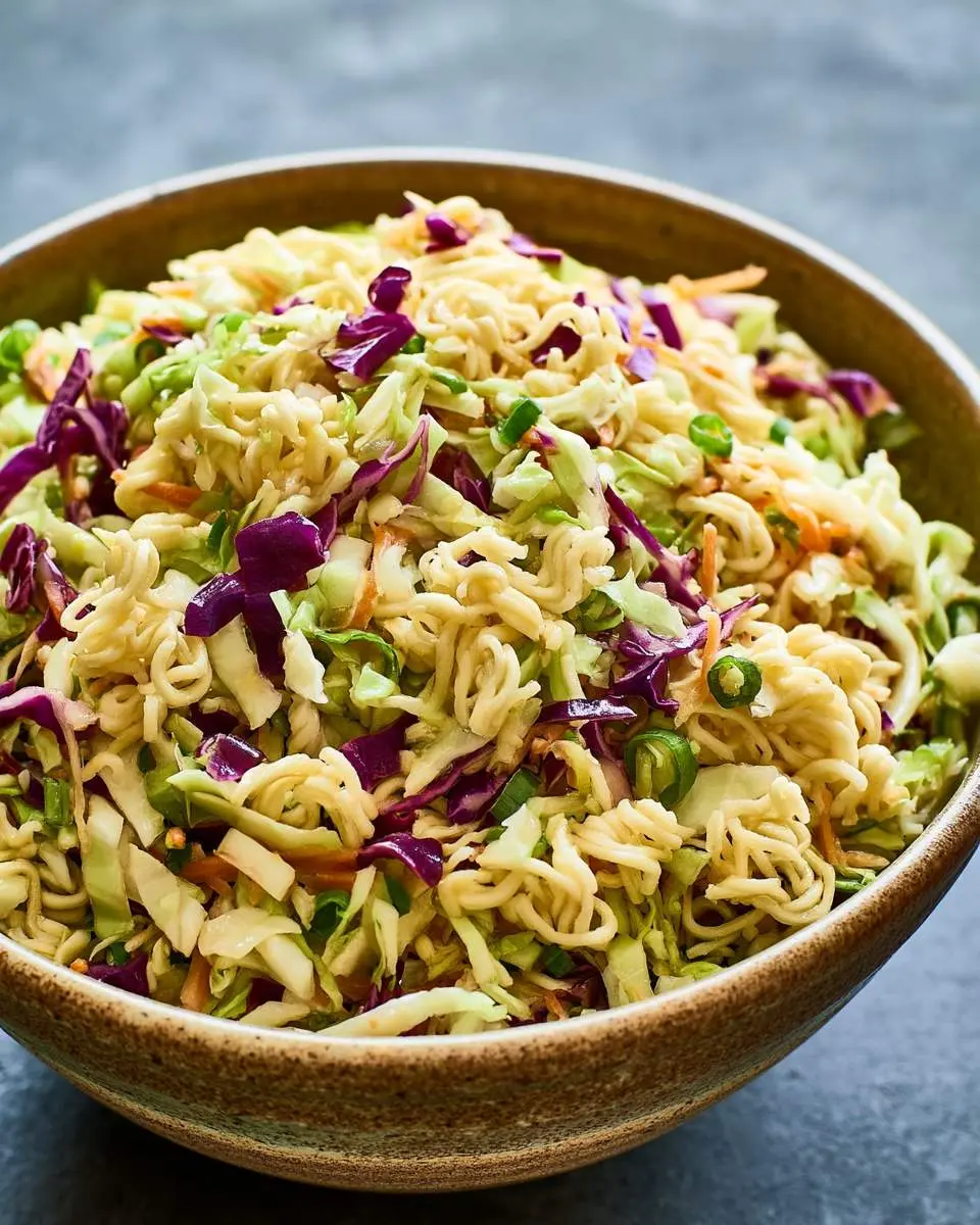 A rustic bowl filled with Ramen Noodle Salad with Cabbage, featuring green and purple cabbage, green onions, and crunchy ramen noodles.